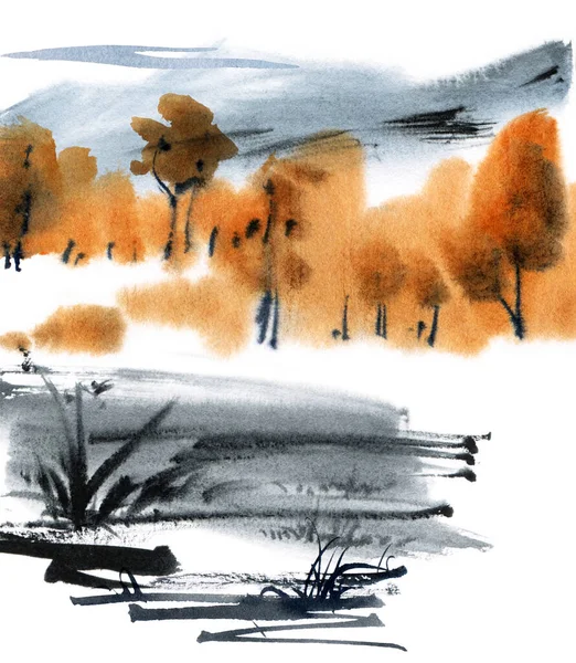 Aquarelle Paysage Automne Avec Des Arbres Herbe Peinture Tecnique Humide — Photo