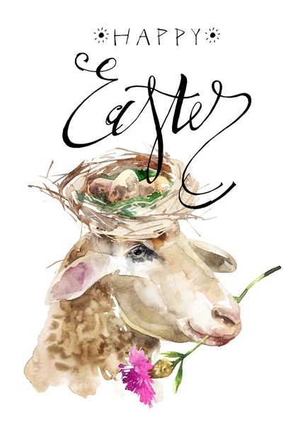 羊像的水彩画 头戴鸟蛋 嘴中含花 复活节贺卡 上面写着 复活节快乐 — 图库照片