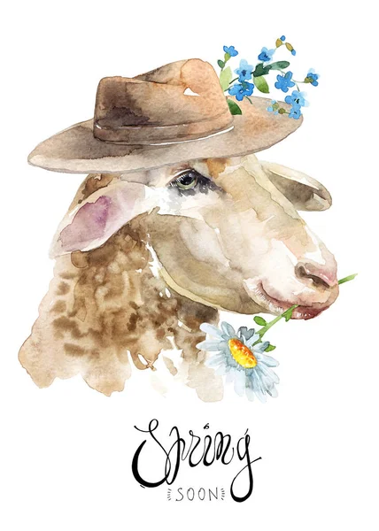 山羊肖像的水彩画 帽子上有花 嘴上有花 有文字和书法字体的贺卡 春天快到了 — 图库照片
