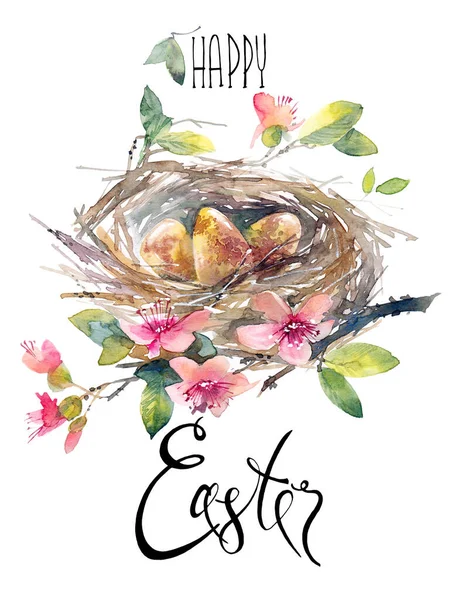 Watercolor Greeting Card Easter Day Bird Nest Eggs Flowers Calligraphy — Stock Photo, Image