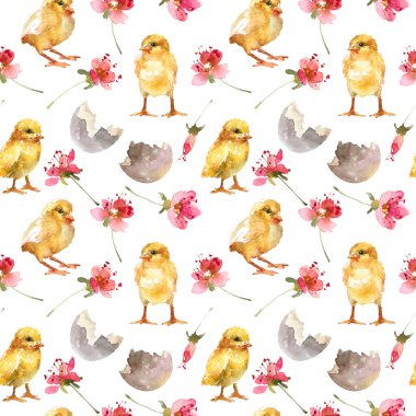 Mutlu Paskalyalar için suluboya desensiz. Küçük sarı civcivler, yumurta kabuğu ve çiçekler.