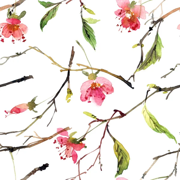 Watercolor Seamless Pattern Pink Flowers Green Leaves Blossom Tree — Stock Photo, Image