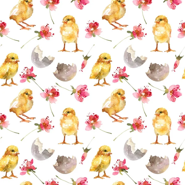 Watercolor Seamless Pattern Happy Easter Little Yellow Chicks Egg Shell — Stock Photo, Image