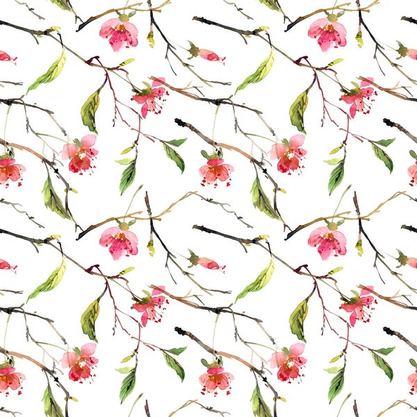 Watercolor Seamless Pattern Pink Flowers Green Leaves Blossom Tree — Stock Photo, Image