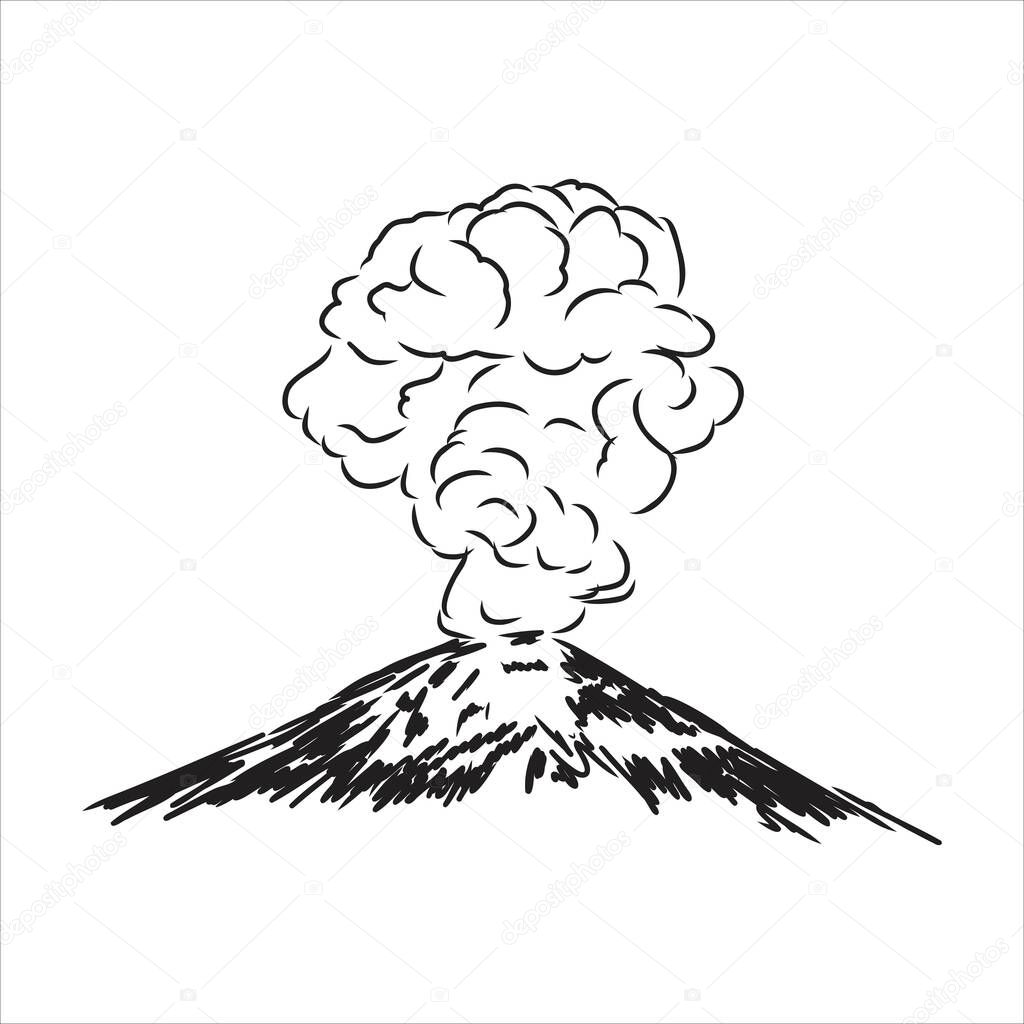 Vector draw sketch of the volcano. The eruption and smoke against the sky with clouds.