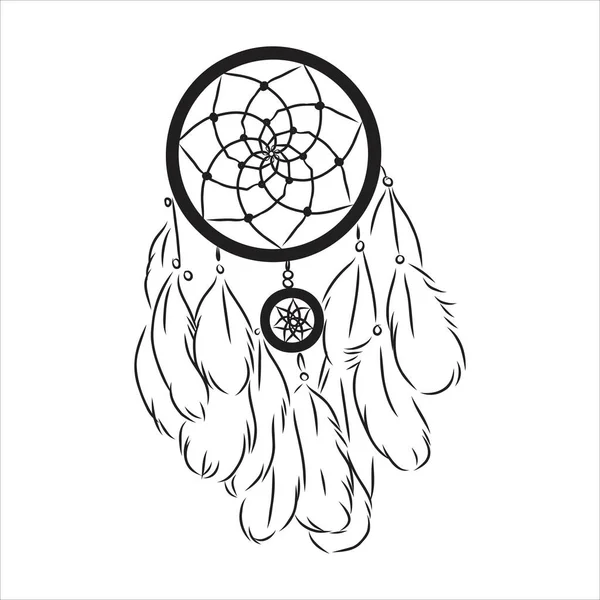 Etniska Boho Dream Catcher med fjädrar. Amerikansk indisk symbol i skiss stil. Vektor illustration isolerad på vit bakgrund. Handritad. — Stock vektor