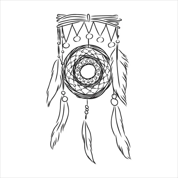 Ethnische Boho-Traumfänger mit Federn. Amerikanisches Indianersymbol im Skizzenstil. Vektor-Illustration isoliert auf weißem Hintergrund. Handgezeichnet. — Stockvektor