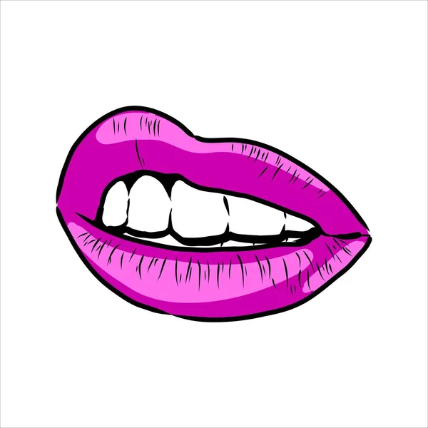 Sexy plump lips kiss pink watercolor and line art, Hand drawn vector illustration isolated — Stock Vector