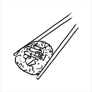 Holding Japon, Çin, Asya suşi el, ahşap çubuk çifti ile rulo, vektör illüstrasyon izole beyaz zemin üzerine eskiz. İnsan eli ile Somon roll chopsticks ve suşi ile