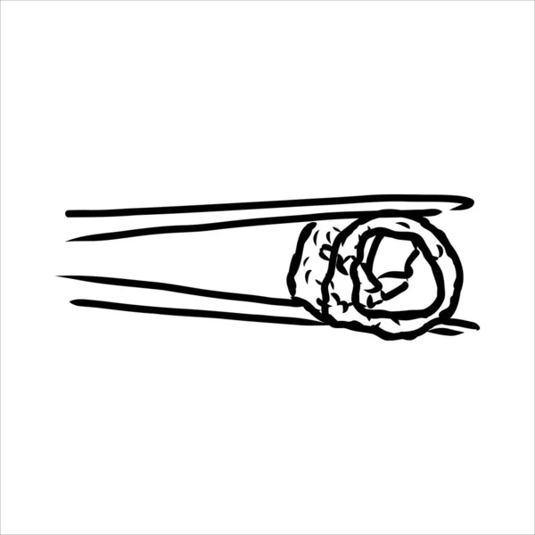 Mano sosteniendo sushi japonés, chino, asiático, rollo con un par de palillos de madera, ilustración vectorial boceto aislado sobre fondo blanco. Mano humana con palillos y sushi, rollo con salmón — Archivo Imágenes Vectoriales