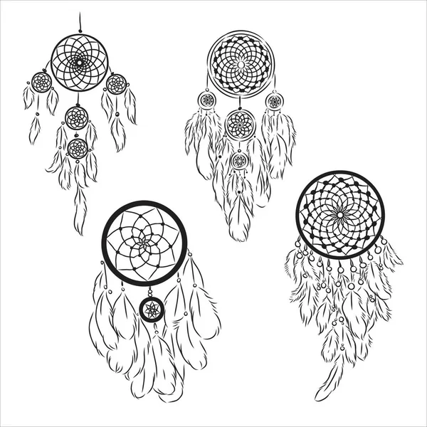 Etniska Boho Dream Catcher med fjädrar. Amerikansk indisk symbol i skiss stil. Vektor illustration isolerad på vit bakgrund. Handritad. — Stock vektor