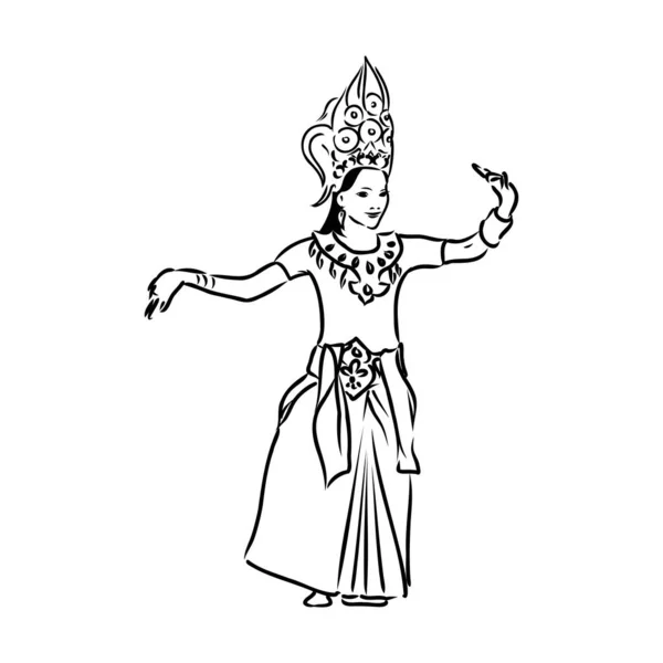 Espectro femenino de estilo de baile tradicional tailandés dibujado a mano sobre fondo blanco para el concepto de feliz Halloween. Ilustración vectorial en estilo doodle art — Archivo Imágenes Vectoriales