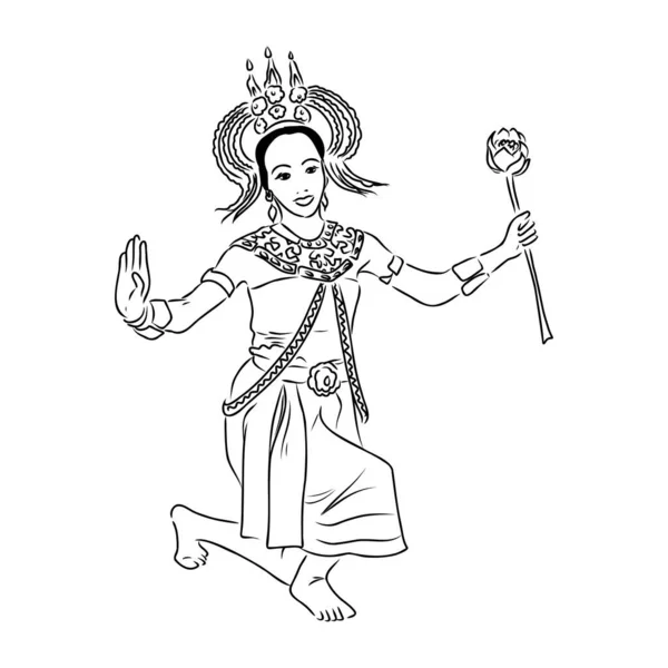 Ręcznie rysowane tajski tradycyjny styl tańca kobieta duch na białym tle koncepcji szczęśliwego Halloween. Ilustracja wektor w stylu sztuki doodle — Wektor stockowy