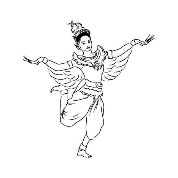 Mão desenhado tailandês tradicional estilo de dança fantasma feminino no fundo branco para o conceito de Halloween feliz. Ilustração vetorial em estilo doodle art — Vetor de Stock