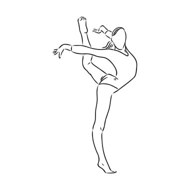 Ritmik jimnastik yarışması vektörü minimalist afiş. Kızım, kurdeleli kadınlar. Spor müsabakası. Jimnastikçi dansları. Bir tane sürekli çizgi çizimi.