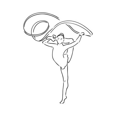 Ritmik jimnastik yarışması vektörü minimalist afiş. Kızım, kurdeleli kadınlar. Spor müsabakası. Jimnastikçi dansları. Bir tane sürekli çizgi çizimi.