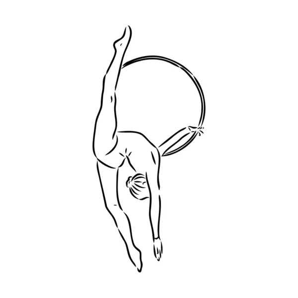 Ritmische gymnastiek concurrentie vector minimalistische banner. Meisje, vrouwen met lint. Sport evenement. Gymnast danst. Eén doorlopende lijntekening. — Stockvector