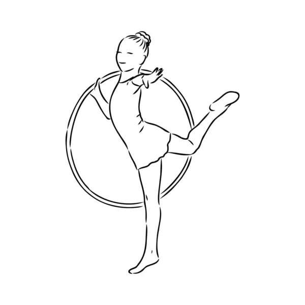 Rytmisk gymnastik konkurrens vektor minimalistisk banner. Flicka, kvinnor med band. Idrottsarrangemang. Gymnastdanser. En kontinuerlig linjeritning. — Stock vektor