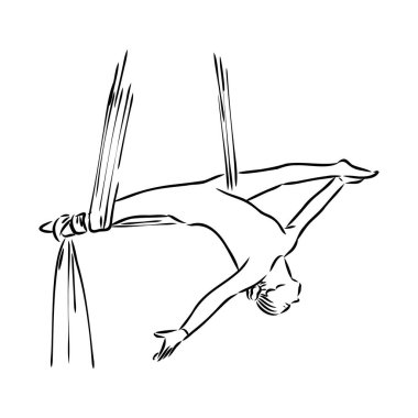 Çemberde asılı bir hava dansçısı. Beyaz arka planda izole edilmiş hava akrobatları. Çizim vektör illüstrasyonu