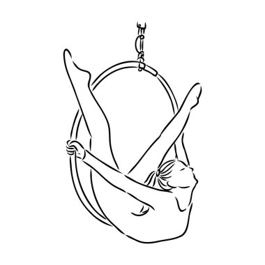 Çemberde asılı bir hava dansçısı. Beyaz arka planda izole edilmiş hava akrobatları. Çizim vektör illüstrasyonu