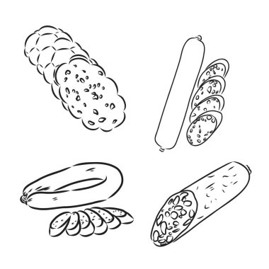 Et ürünleri vektör simgeler kroki. Salam ve biftek çiftçi pazarı için Gastronomi gurme izole sosis, jambon veya domuz pastırması ve Barbekü eti, et Şarküteri sembollerin kasap