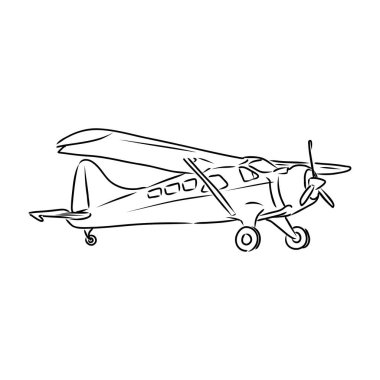 Pilotlu hafif tek motorlu uçak soyut bir arazinin arka planında uçuyor. Vektör illüstrasyonu.