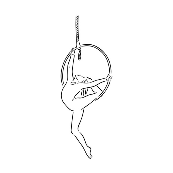 Dançarina aérea pendurada no arco. acrobata aéreo isolado em fundo branco. Desenho ilustração vetorial — Vetor de Stock