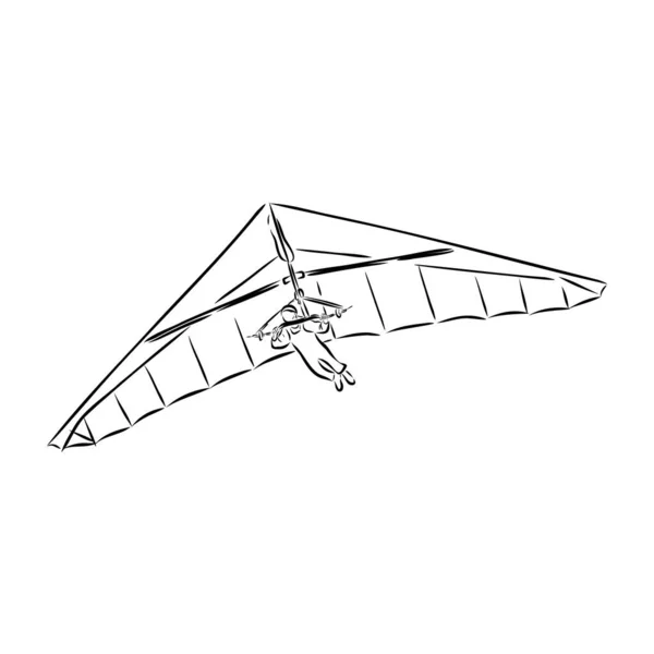 Hang zweefvliegtuig, lucht, extreme sport, vlieg concept. Hand getrokken man met hang zweefvliegtuig concept schets te vliegen. Geïsoleerde vectorillustratie. — Stockvector