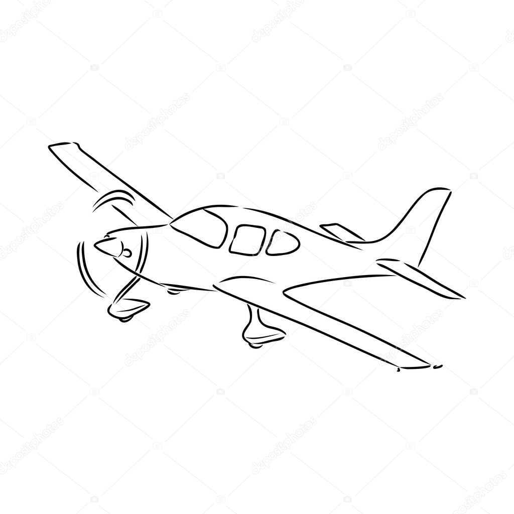 Light single-engine aircraft with pilot flies against the background of an abstract landscape. Vector illustration.