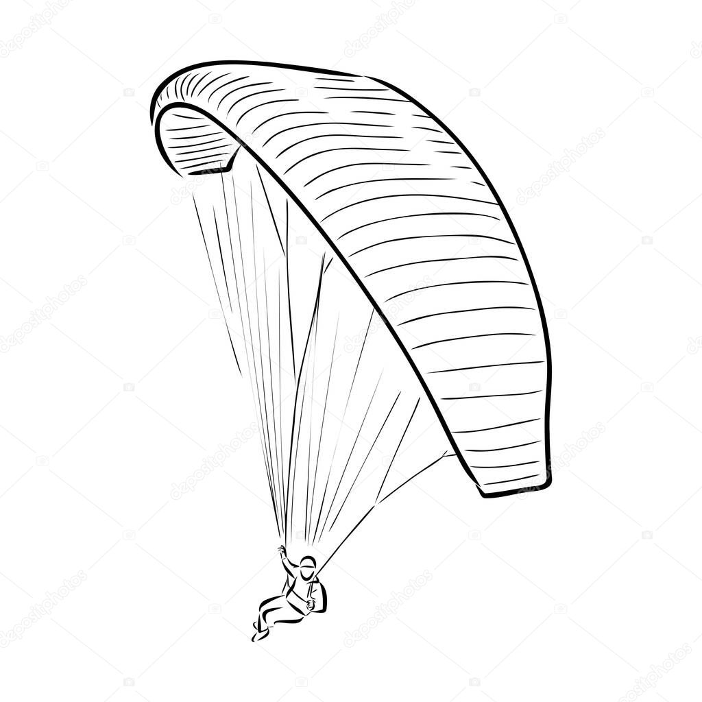 Paragliding man sketch. Paraglide wing and harness for sky flights. Monochrome hand drawn vector illustration isolated in white background