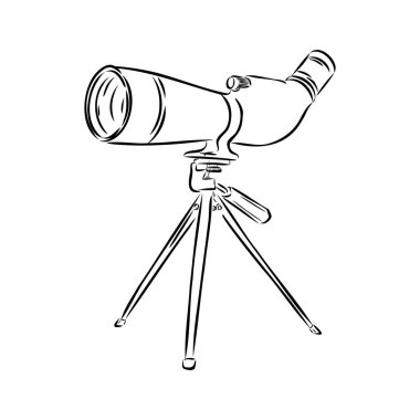 Astronom Ekipman Teleskop Monokrom Vektör. Galaksi ve Evreni Keşfetmek ve Gözlemlemek için Daimi Teleskop. Retro Tarzda Siyah Beyaz İllüstrasyonda Tasarlanan Discovery Optik Cihaz