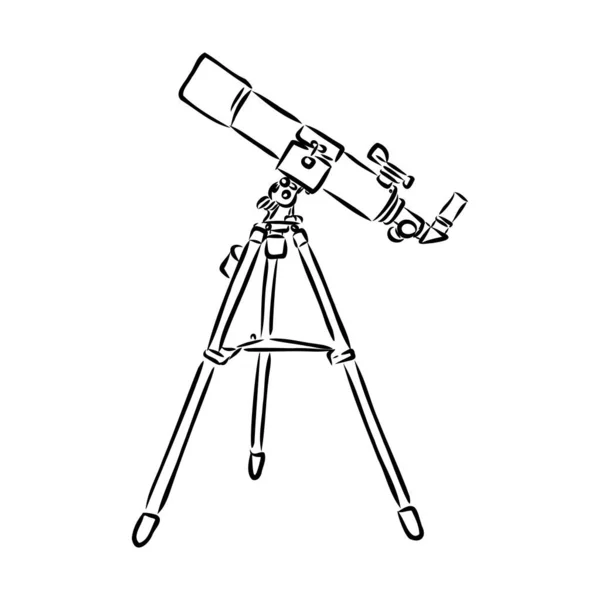 Μονόχρωμος εξοπλισμός τηλεσκόπιο αστρονόμων. Όρθιο τηλεσκόπιο για να εξερευνήσετε και να παρακολουθήσετε γαλαξία και κόσμο. Ανακάλυψη οπτική συσκευή σχεδιασμένο σε ρετρό στυλ μαύρο και άσπρο εικόνα — Διανυσματικό Αρχείο