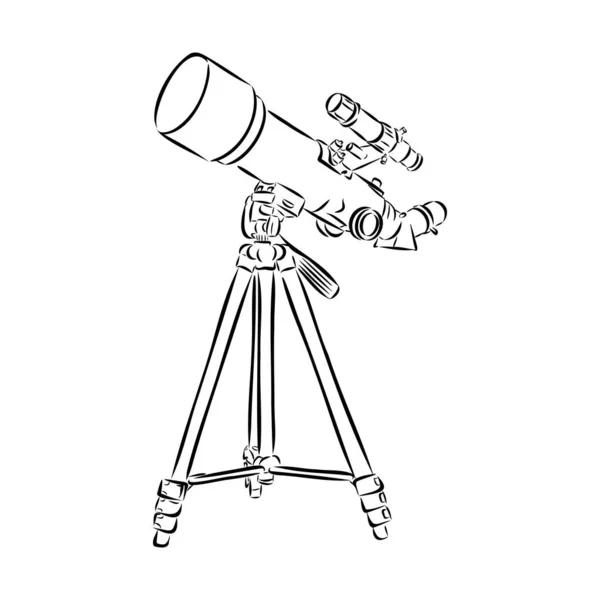 Equipamento para Astrónomos Telescópio Monocromático Vector. Telescópio de pé para explorar e observar galáxia e cosmos. Dispositivo óptico de descoberta projetado no estilo retro ilustração preto e branco — Vetor de Stock