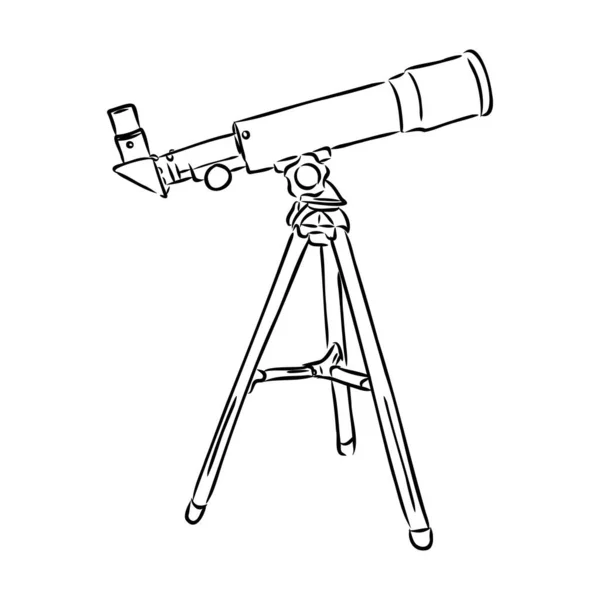 อุปกรณ์ดาราศาสตร์ กล้องโทรทรรศน์ เวกเตอร์โมโนโครม กล้องโทรทรรศน์ยืนสําหรับการสํารวจและสังเกตกาแล็กซี่และจักรวาล อุปกรณ์ดิสคัเฟอรีออฟติคัลออกแบบในสไตล์ย้อนยุค ภาพประกอบสีดําและสีขาว — ภาพเวกเตอร์สต็อก