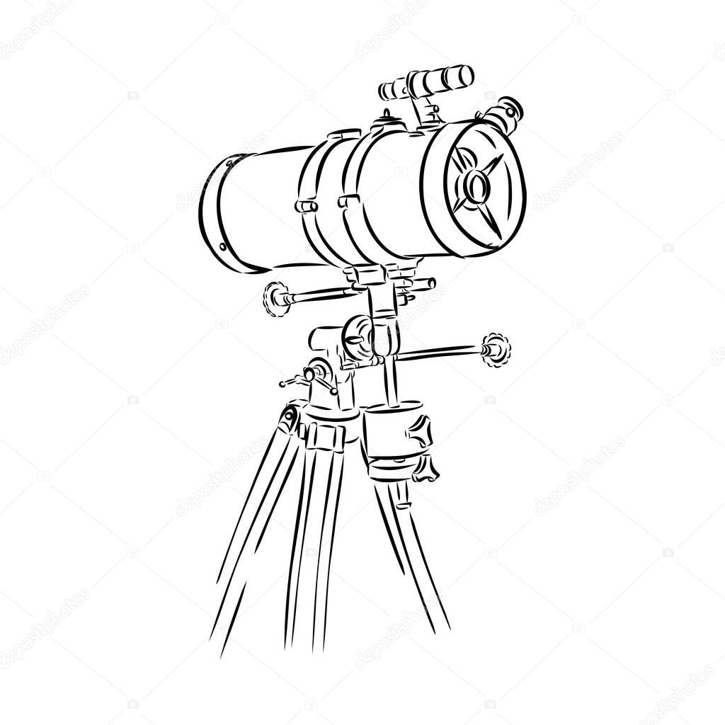 Astronomer Equipment Telescope Monochrome Vector. Standing Telescope For Explore And Observe Galaxy And Cosmos. Discovery Optical Device Designed In Retro Style Black And White Illustration