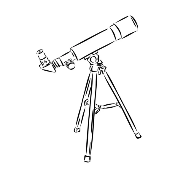 Astronomer Equipment Telescope Monochrome Vector (engelsk). Stående teleskop for utforskning og observering av galakse og kosmos. Oppdagelsesoptisk innretning designet i retro-stil svart og hvit illustrasjon – stockvektor