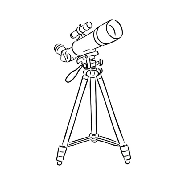 Astronomer Equipment Telescope Monochrome Vector. Telescopio de pie para explorar y observar galaxia y cosmos. Dispositivo óptico de descubrimiento diseñado en estilo retro ilustración en blanco y negro — Archivo Imágenes Vectoriales