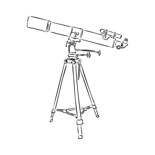 อุปกรณ์ดาราศาสตร์ กล้องโทรทรรศน์ เวกเตอร์โมโนโครม กล้องโทรทรรศน์ยืนสําหรับการสํารวจและสังเกตกาแล็กซี่และจักรวาล อุปกรณ์ดิสคัเฟอรีออฟติคัลออกแบบในสไตล์ย้อนยุค ภาพประกอบสีดําและสีขาว — ภาพเวกเตอร์สต็อก
