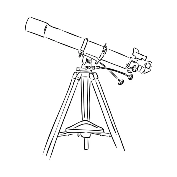 Astronomer Equipment Telescope Monochrome Vector. Telescopio de pie para explorar y observar galaxia y cosmos. Dispositivo óptico de descubrimiento diseñado en estilo retro ilustración en blanco y negro — Vector de stock