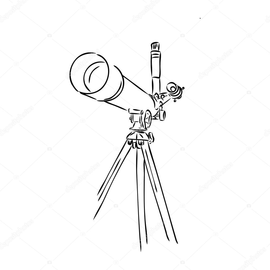 Astronomer Equipment Telescope Monochrome Vector. Standing Telescope For Explore And Observe Galaxy And Cosmos. Discovery Optical Device Designed In Retro Style Black And White Illustration