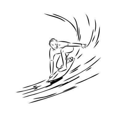 Dalga fırça mürekkep kroki handdrawn Serigraf baskı olarak sörfçünün