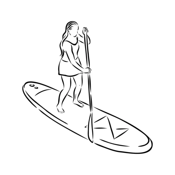 Levántate, surfeando, abordando. Surfista soltera con paleta. Chica surfrider a bordo. Paddleboarding, SUP fitness. ilustración de fitness. Contorno aislado abstracto del surfboarder. — Vector de stock