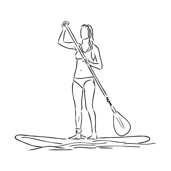 Levántate, surfeando, abordando. Surfista soltera con paleta. Chica surfrider a bordo. Paddleboarding, SUP fitness. ilustración de fitness. Contorno aislado abstracto del surfboarder. — Vector de stock