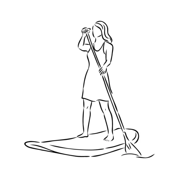 Stand up paddle surfing, boarding. Single female surfer with paddle. Surfrider girl on board. Paddleboarding, SUP fitness. fitness illustration. Abstract isolated contour of surfboarder. — Stock Vector