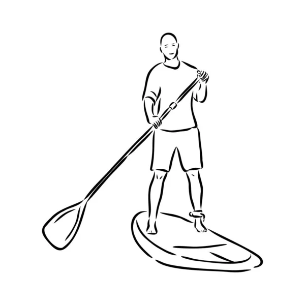 Stå upp paddla surfa, ombordstigning. Singelsurfare med paddel. Surfrider flicka ombord. Paddleboarding, SUP-träning. fitness illustration. Abstrakt isolerad kontur av surfbräda. — Stock vektor
