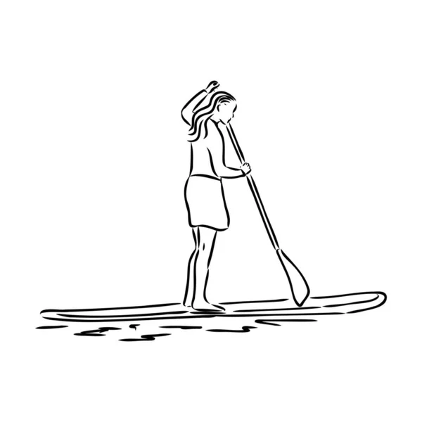 Levántate, surfeando, abordando. Surfista soltera con paleta. Chica surfrider a bordo. Paddleboarding, SUP fitness. ilustración de fitness. Contorno aislado abstracto del surfboarder. — Vector de stock