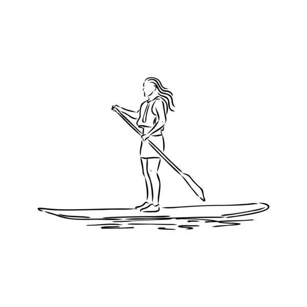 Stand Up Paddle Surfen, Boarding. Single-Surferin mit Paddel. Surfrider Mädchen an Bord. Paddleboarding, SUP-Fitness. Fitness-Illustration. Abstrakte isolierte Kontur des Surfboarders. — Stockvektor