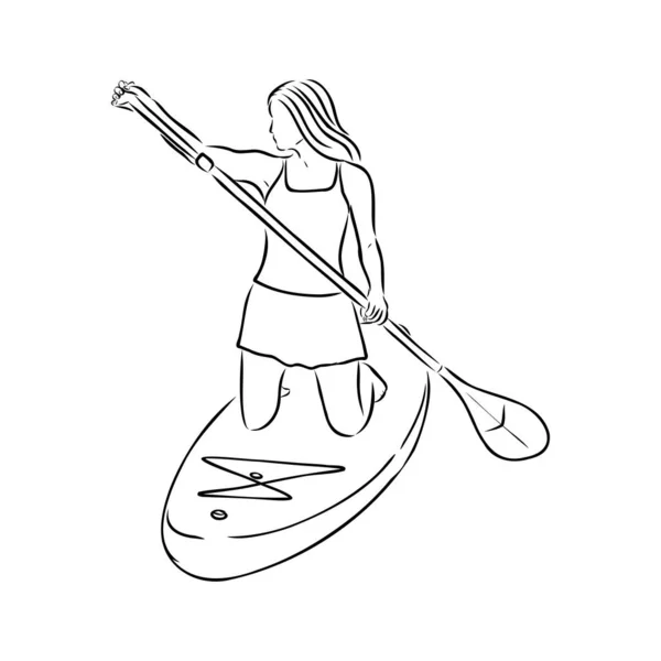 Stand Up Paddle Surfen, Boarding. Single-Surferin mit Paddel. Surfrider Mädchen an Bord. Paddleboarding, SUP-Fitness. Fitness-Illustration. Abstrakte isolierte Kontur des Surfboarders. — Stockvektor