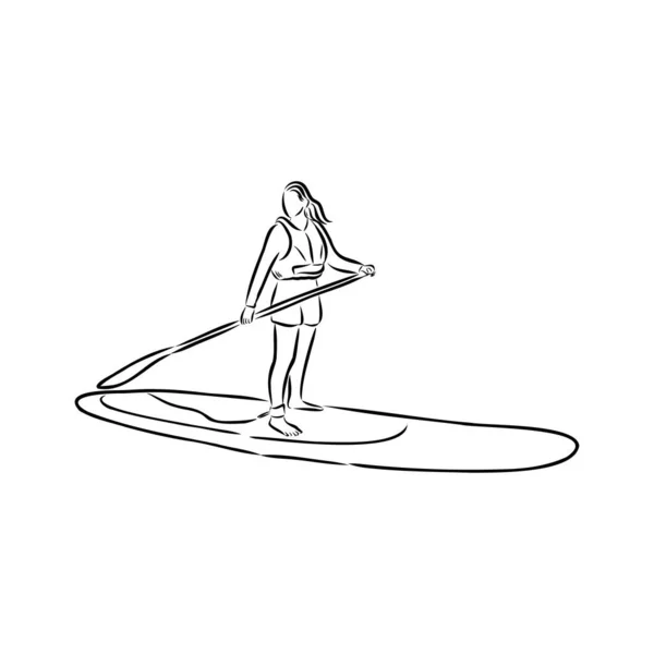 Álljatok fel evezni, szörfözni, beszállni. Egyedülálló női szörfös evezővel. Surfrider lány a fedélzeten. Vízibicikli, SUP fitness. fitnesz illusztráció. A szörfös elvont, izolált körvonala. — Stock Vector