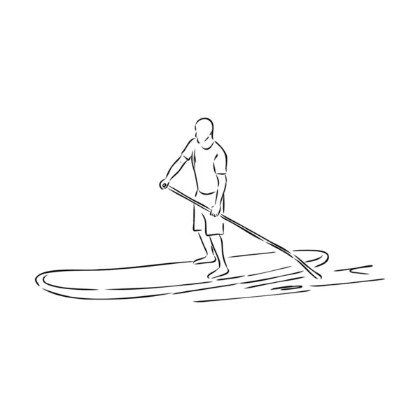 Levántate, surfeando, abordando. Surfista soltera con paleta. Chica surfrider a bordo. Paddleboarding, SUP fitness. ilustración de fitness. Contorno aislado abstracto del surfboarder. — Archivo Imágenes Vectoriales